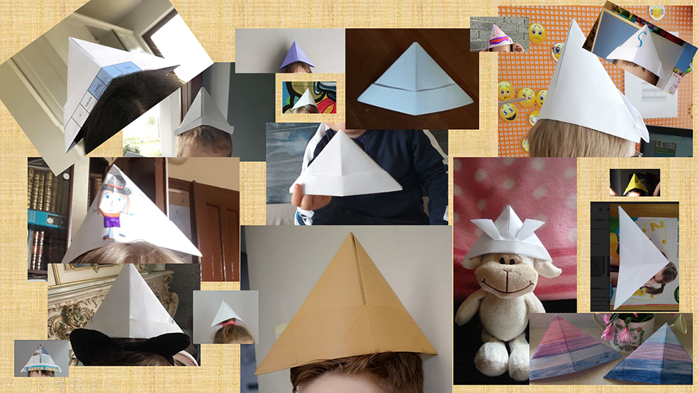 Zdjęcia przedstawiają prace dzieci - czapeczka wykonana metodą origami.